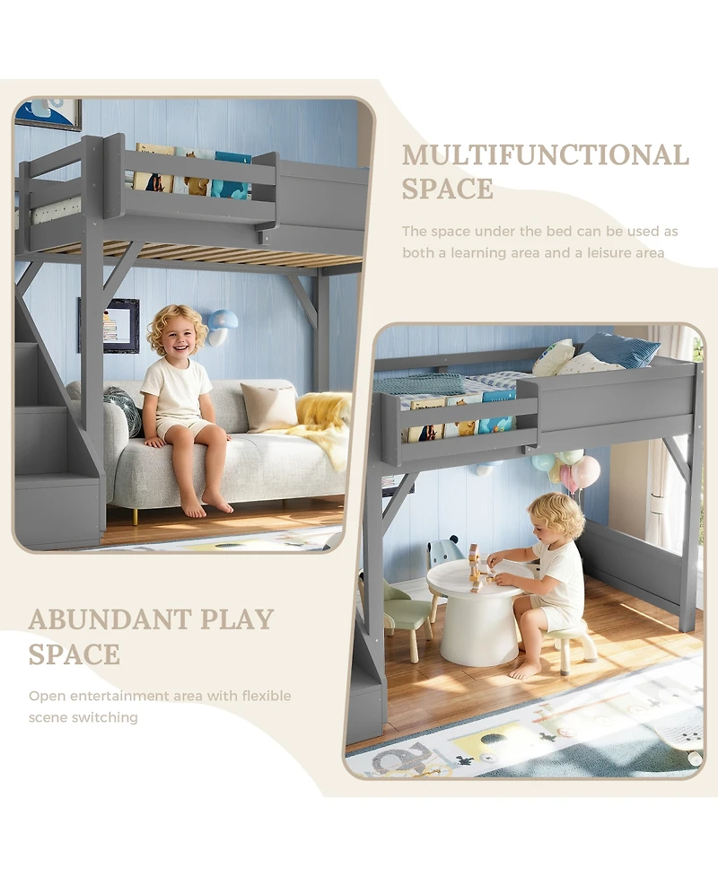 Streamdale Furniture Twin Loft Bed with Wardrobe, Storage, Shelves, Guardrails & Stairs