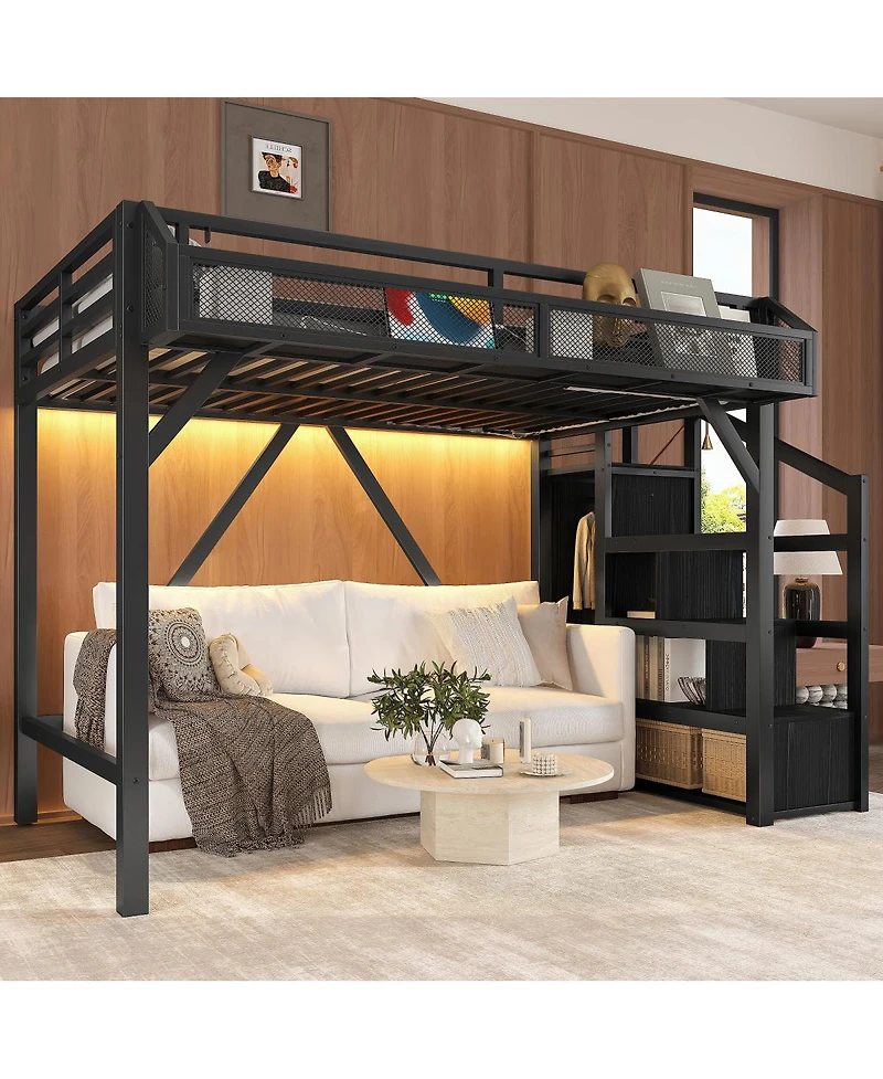 Streamdale Furniture Twin Xl Loft Bed with Storage Stairs, Shelves, Wardrobe, Usb & Led Lights