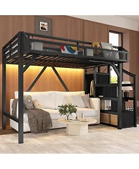 Streamdale Furniture Twin Xl Loft Bed with Storage Stairs, Shelves, Wardrobe, Usb & Led Lights