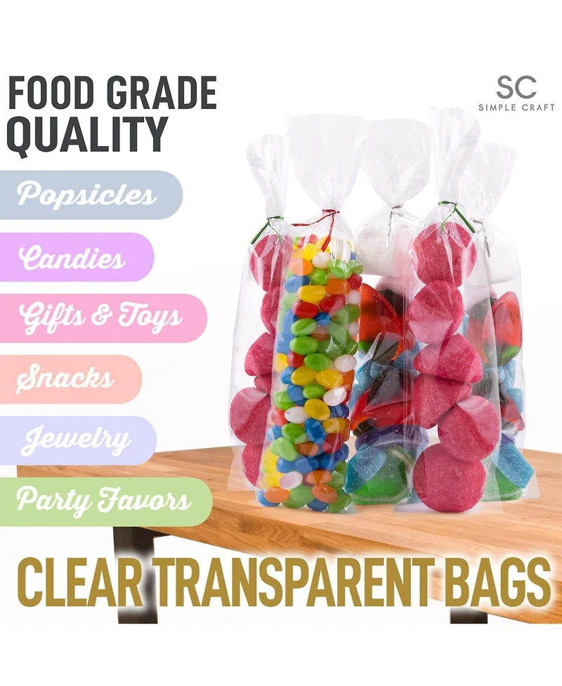 Zulay Kitchen 3 x 11 Inches Clear Cellophane Candy Bags With Ties - 200 Piece