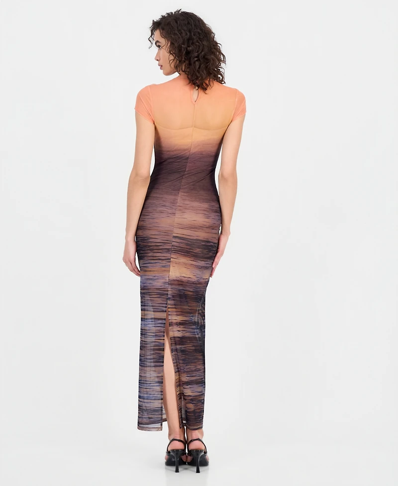 Guess Women's Short-Sleeve Beach Sunset Mesh Maxi Dress