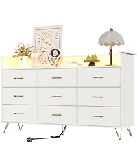 gaomon 9 Drawer Wooden Dressers for Bedroom with Led Lights & Charging Station, Wood Chest of Drawers App Control, Modern Large Storage Cabinet
