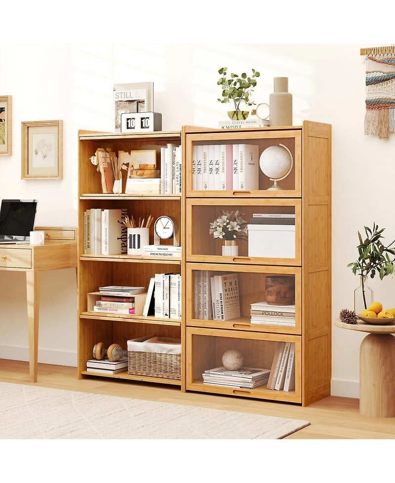 Sugift 4-Tier Bamboo Bookcase with Doors for Study Room Living Room