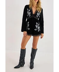 Nasty Gal Women's Velvet Embroidered Lace Trim Romper