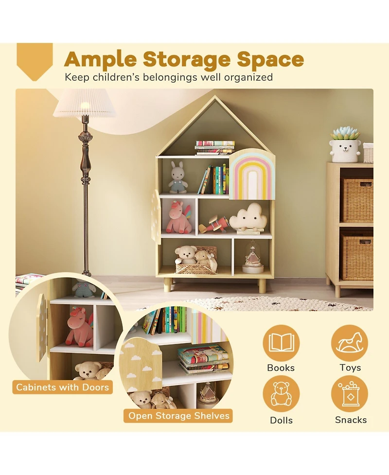 Sugift Kids Dollhouse Bookshelf House-shaped Bookcase Children Toy Storage Organizer
