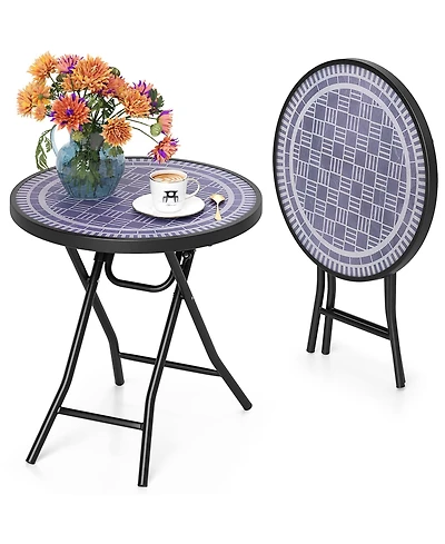 Gymax Round Folding Side Table 18 Inch Patio Coffee Table w/ Tempered Glass Tabletop