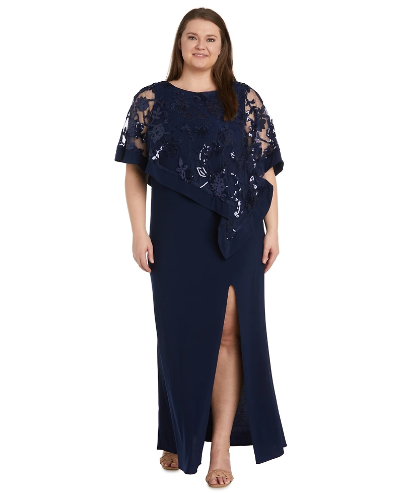 R & M Richards Plus Embroidered Sequin Lace Poncho Gown