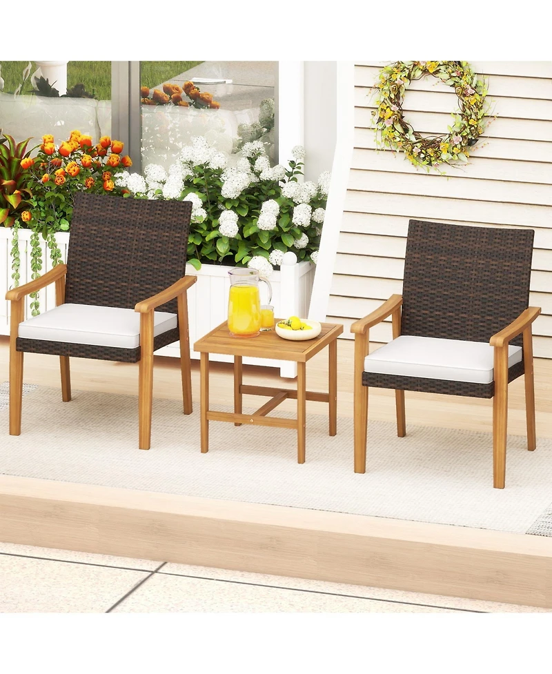 Gymax 3 Pcs Patio Pe Wicker Furniture Set w/Coffee Table & Cushions for Front Porch Outdoor