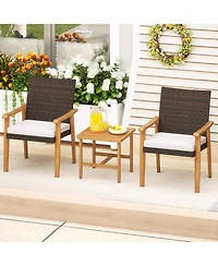 Gymax 3 Pcs Patio Pe Wicker Furniture Set w/Coffee Table & Cushions for Front Porch Outdoor