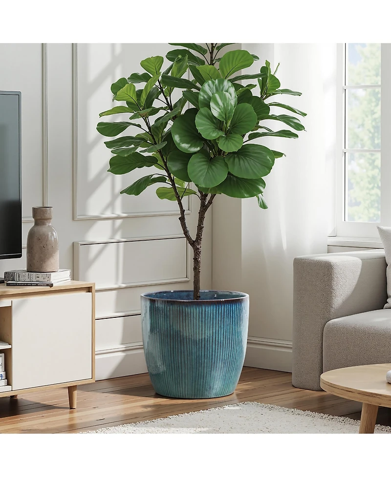 LuxenHome Forest Fade Ribbed Ceramic Planter, 15" Large Glossy Pot