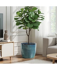 LuxenHome Forest Fade Ribbed Ceramic Planter, 15" Large Glossy Pot