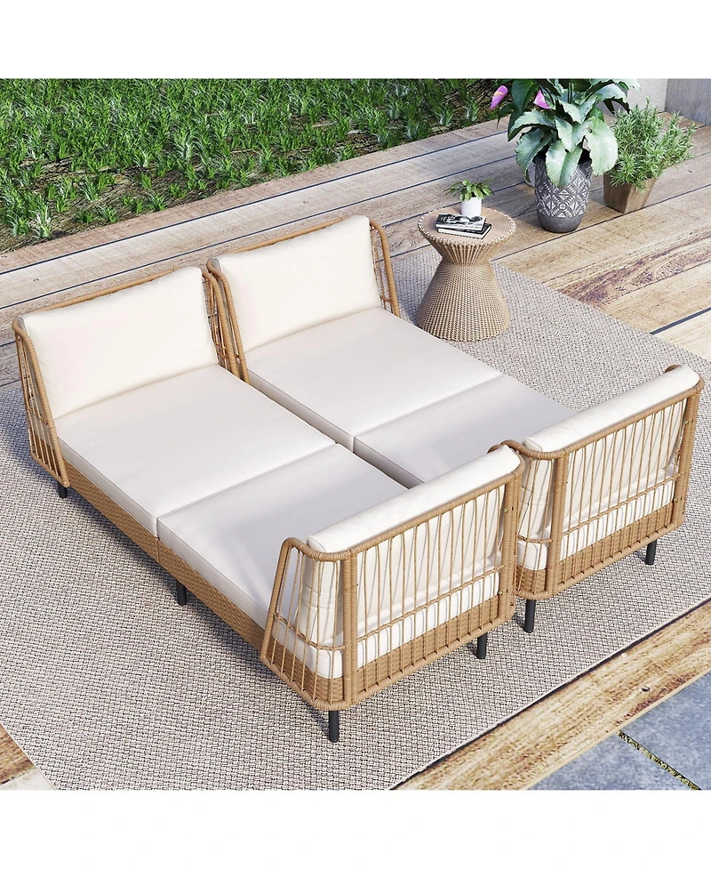 Gymax 2PCS Patio Wicker Daybed w/Seat Back Cushions Robust Metal Legs For Backyard