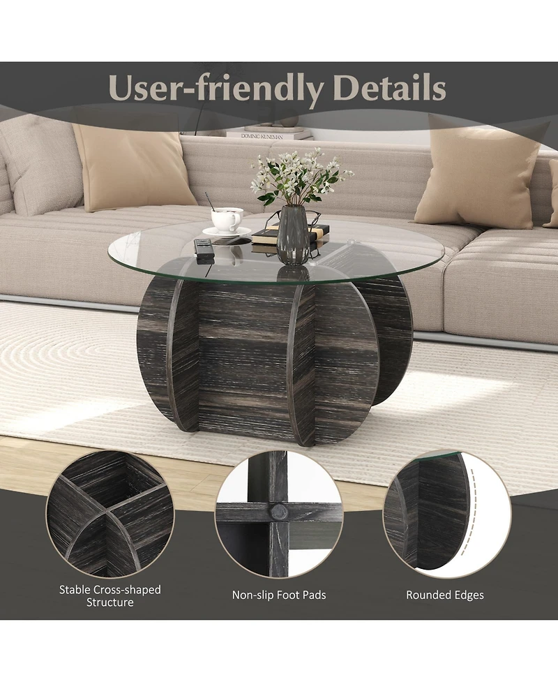 Sugift 35 Round Coffee Table Unique Circle Center Table with Tempered Glass Top and Solid Wood Base