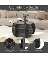 Sugift 35 Round Coffee Table Unique Circle Center Table with Tempered Glass Top and Solid Wood Base