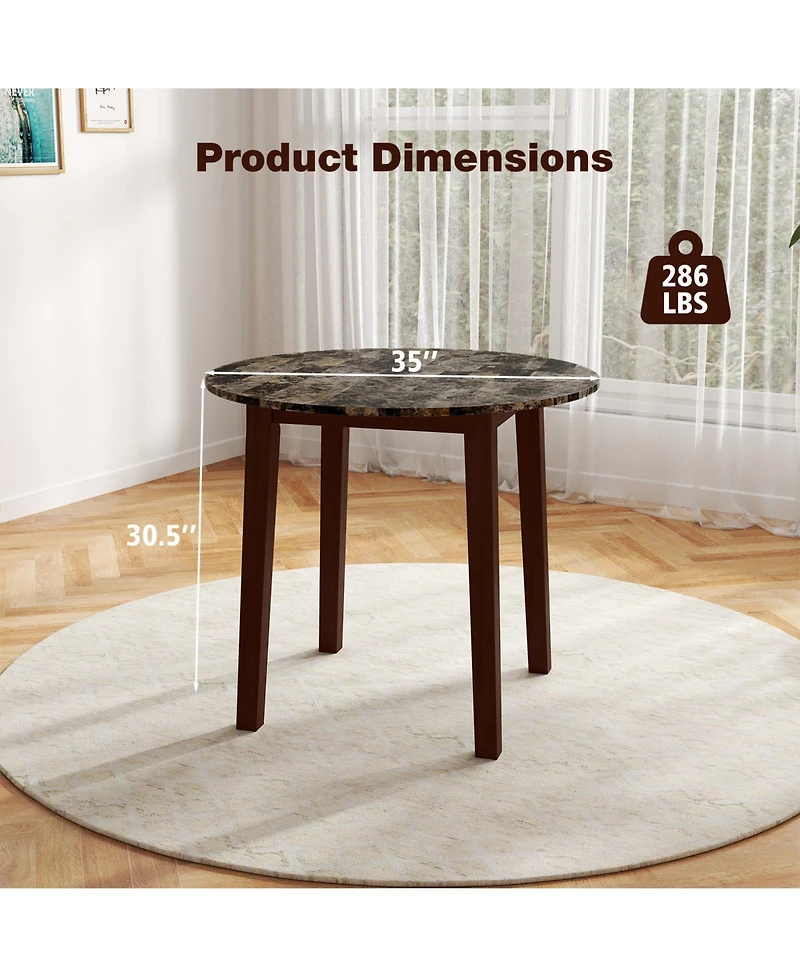 Sugift 35 Inch Round Dining Table with Rubber Wood Legs and Marble-textured Veneer Tabletop
