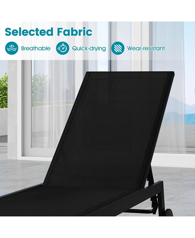Gymax Patio Chaise Lounge w/Wheels Adjustable 6-Position Backrest Breathable Seat Outdoor