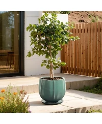 LuxenHome Glossy Gradient Teal Ceramic Planter, 13.4-Inch Tall Ridged Container with Connected Tray