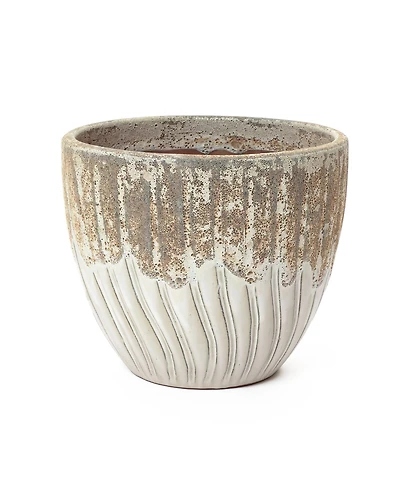 LuxenHome Boho Earth Ceramic Planter, 12” Tall Round Pot with Vertical Grooves & Artisan Texture