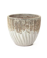 LuxenHome Boho Earth Ceramic Planter, 12” Tall Round Pot with Vertical Grooves & Artisan Texture