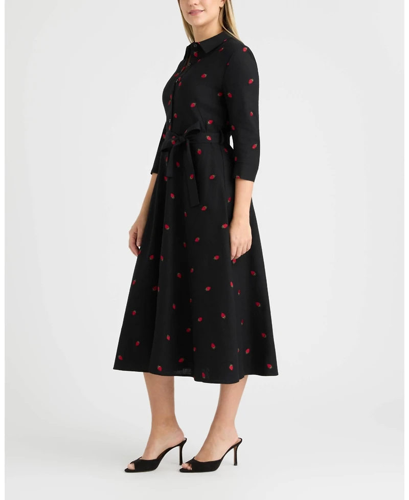 Ellen Tracy Women's Linen Belted Embroidery Detail Shirt Dress