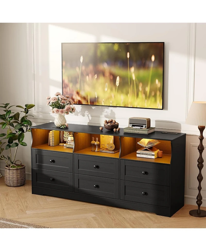 gaomon 6 Drawer Dresser with Rgb Lights & Power Outlet, Tv Stand Storage Cabinet for Living Room, Bedroom, Entryway
