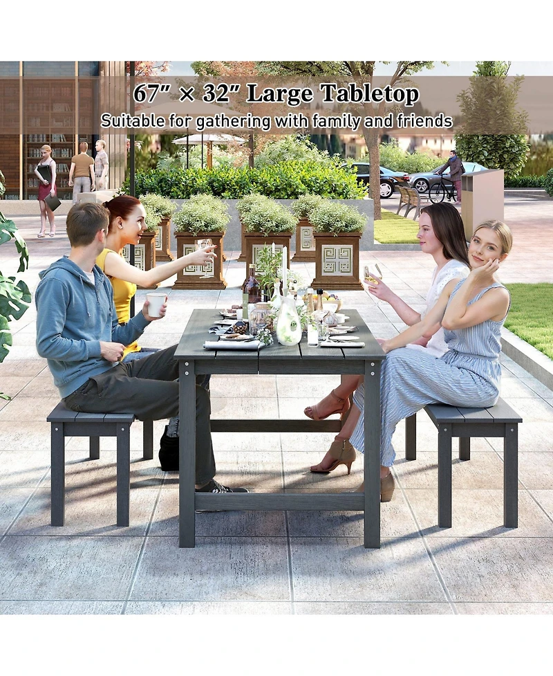 Gymax 3PCS Dining Table Set w/ 2 BenchesPatio Hdpe Weather Resistant Furniture