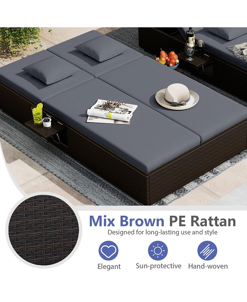 Gymax Patio Daybed Pe Wicker Double Chaise Lounge Adjustable Backrests Outdoor