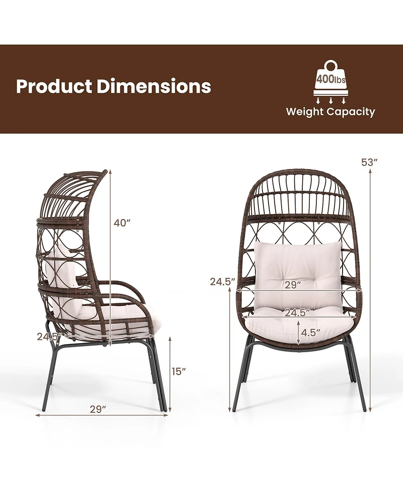 Gymax Pe Wicker Egg Chair Patio Cocoon Lounger w/ Comfortable Cushions & Metal Frame