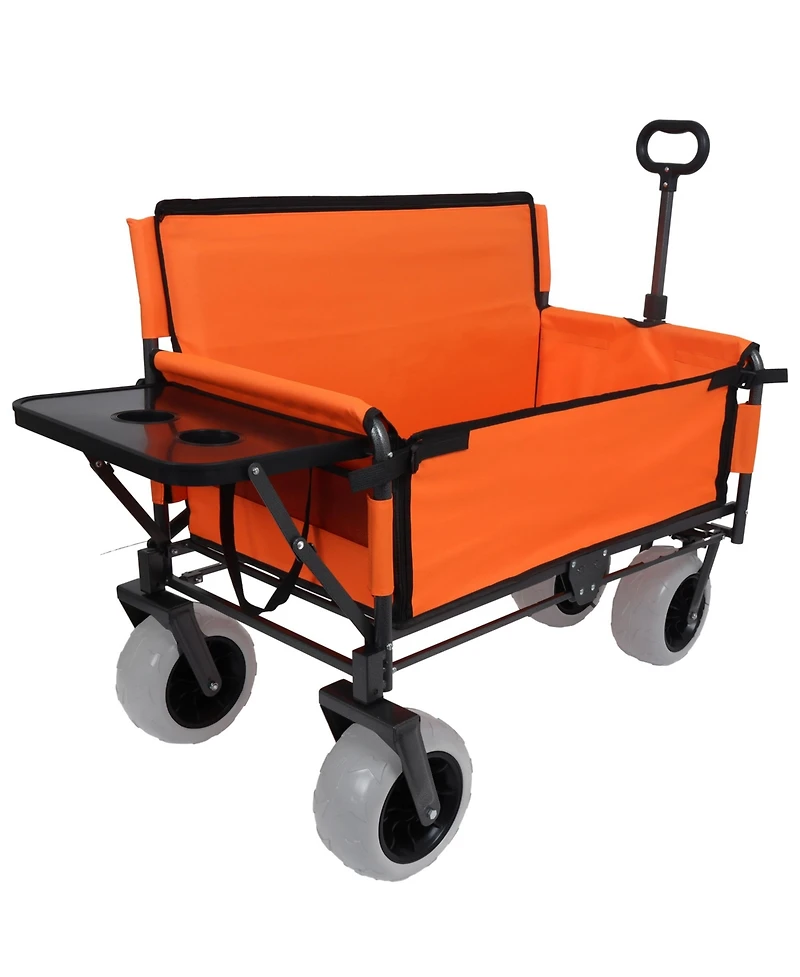 Rainsken Heavy-Duty Folding Wagon Cart with Bench Seat and Rear-Mounted Folding Tabletop, 500lbs Capacity for Camping