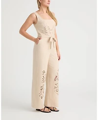 Ellen Tracy Women's Linen Jumpsuit with Embroidery Detailing
