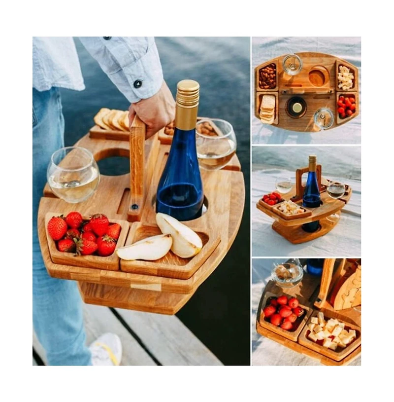 gaomon Portable Wooden Picnic Table for Outdoor Use – Removable Wine Glass Holder – Snack Serving Tray – Carrying Handle for Easy Transport Wood