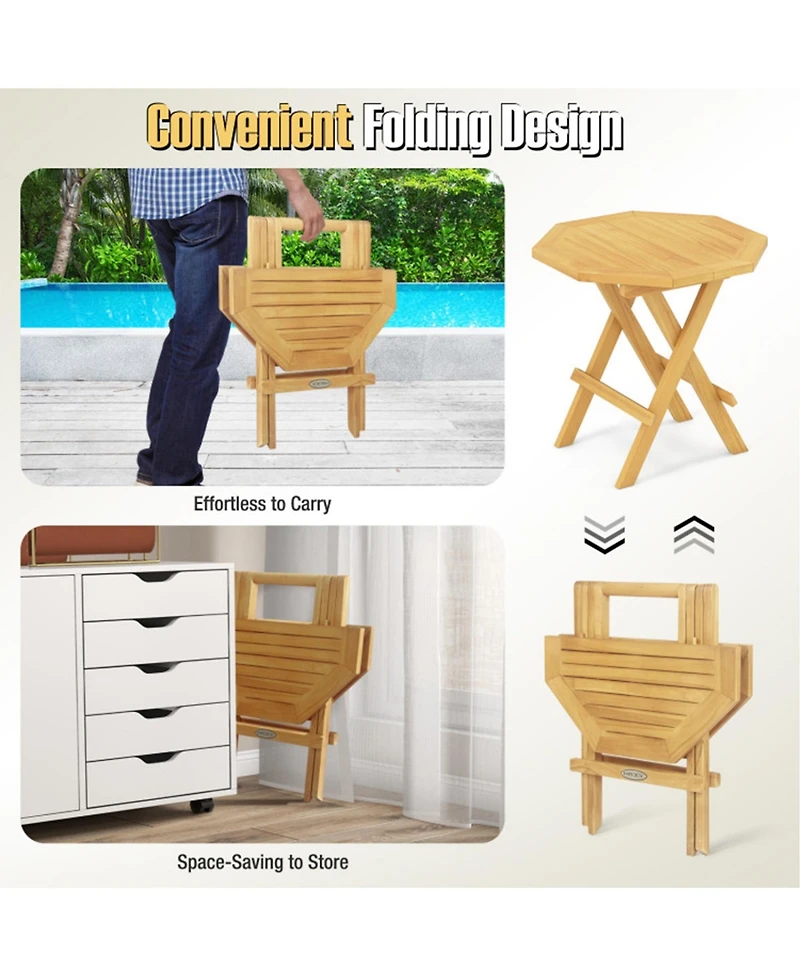 Clihome 20" Folding Teak Wood Octagon Coffee Table with X-Legs & Slatted Top