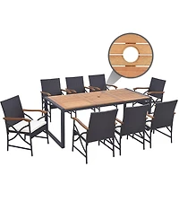 Gymax 9 Pcs Patio Rattan Dining Set w/ Acacia Wood Table 1.9'' Umbrella Hole