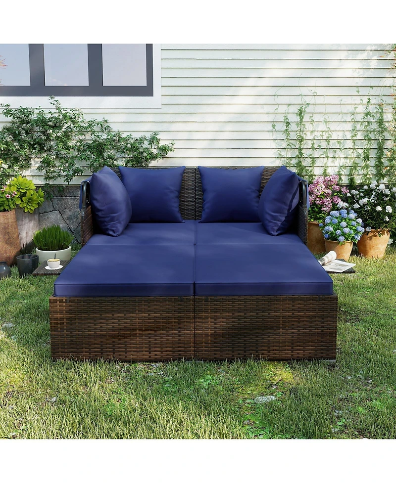 Gymax Patio Rattan Daybed Lounge Retractable Top Canopy Side Tables Cushions for Outdoor