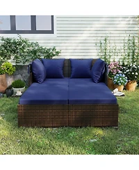 Gymax Patio Rattan Daybed Lounge Retractable Top Canopy Side Tables Cushions for Outdoor