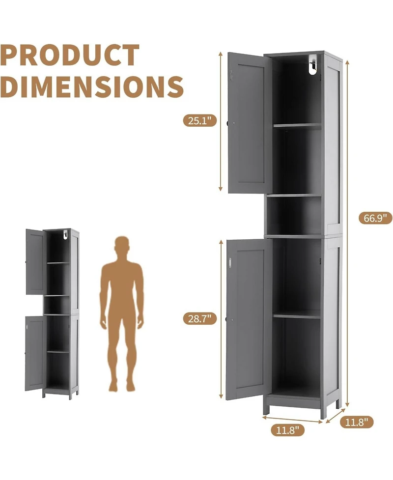 gaomon Tall Narrow Bathroom Cabinet, 66.9", Freestanding Water-Resistant Storage, 2 Doors, Small Space Organizer