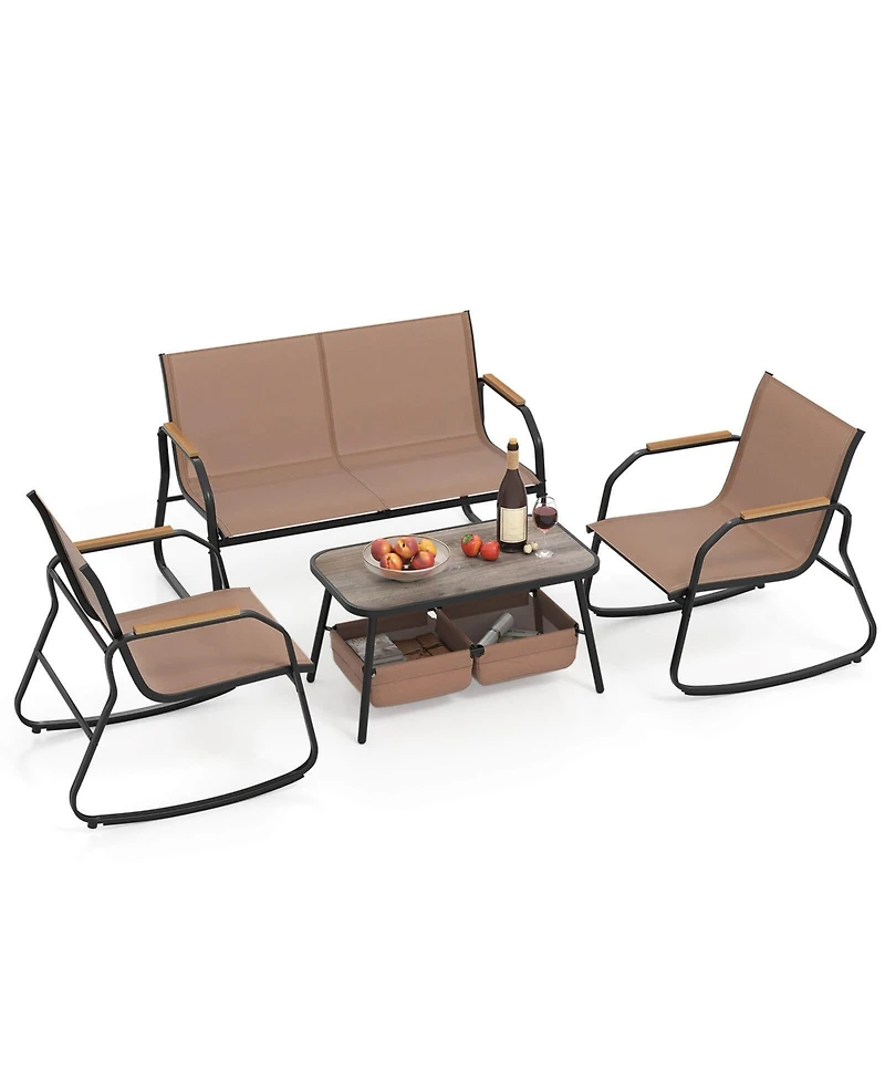 Costway 4 Pcs Patio Furniture Set with 2 Rocking Bistro Chairs 2-Tier Coffee Table