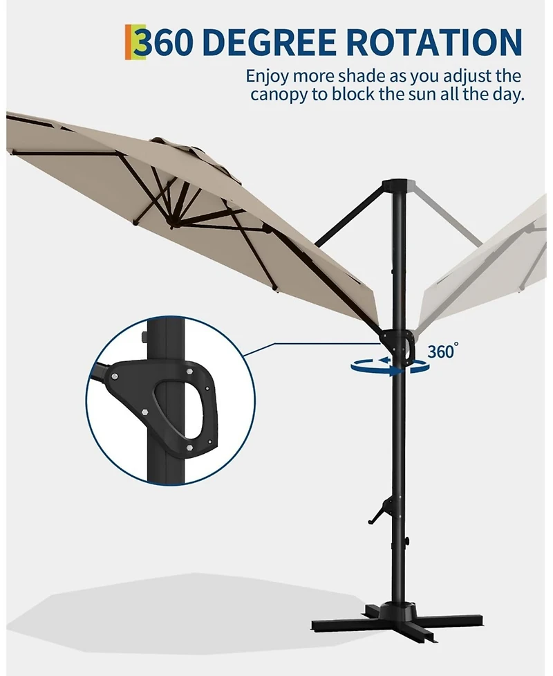 gaomon 10 ft Cantilever Patio Umbrella with Base, 360 Rotation, Offset Market Sun Shade, Outdoor Deck & Garden, Brown