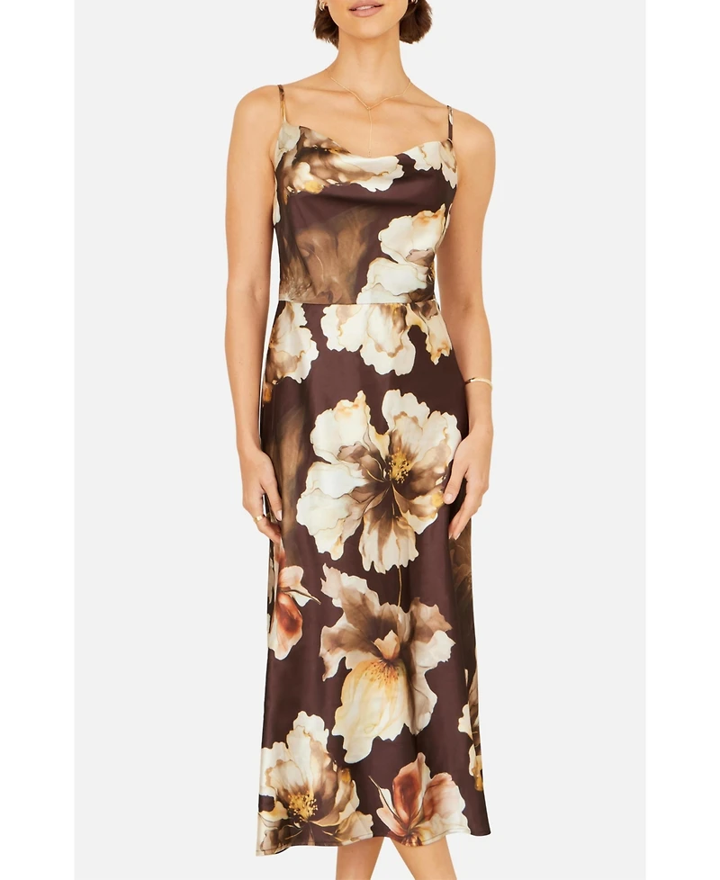 Yumi Women's Cowl Neck Satin Floral Dress