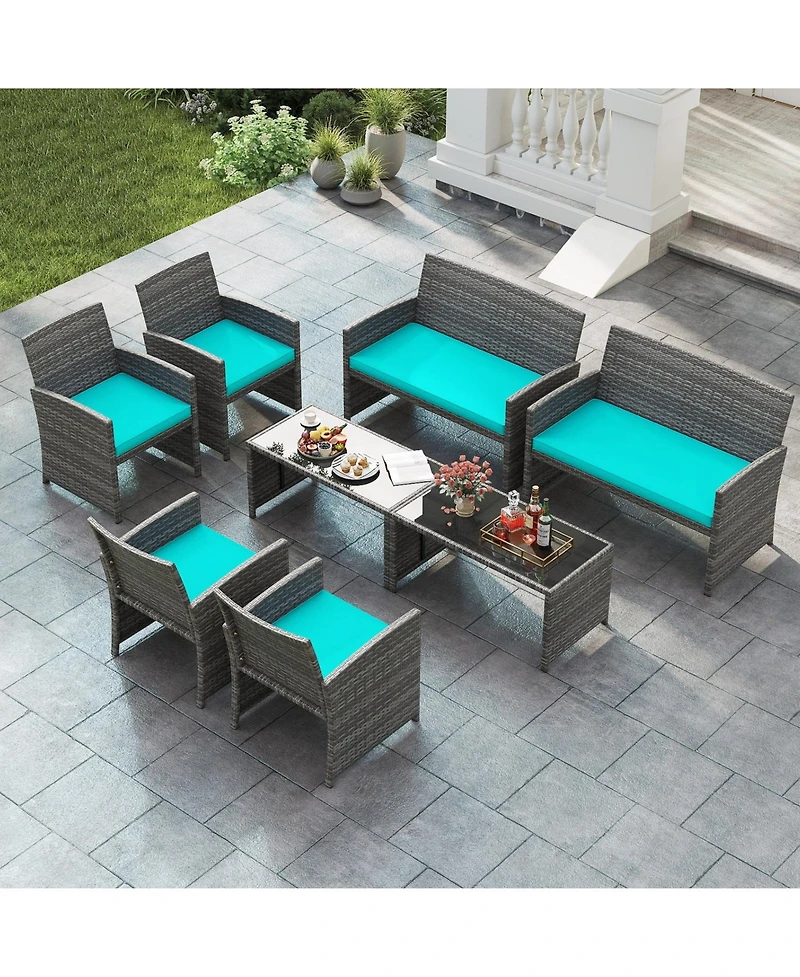 Gymax 8PCS Patio Outdoor Conversation Set w/Seat Cushions & Tempered Glass Tabletop