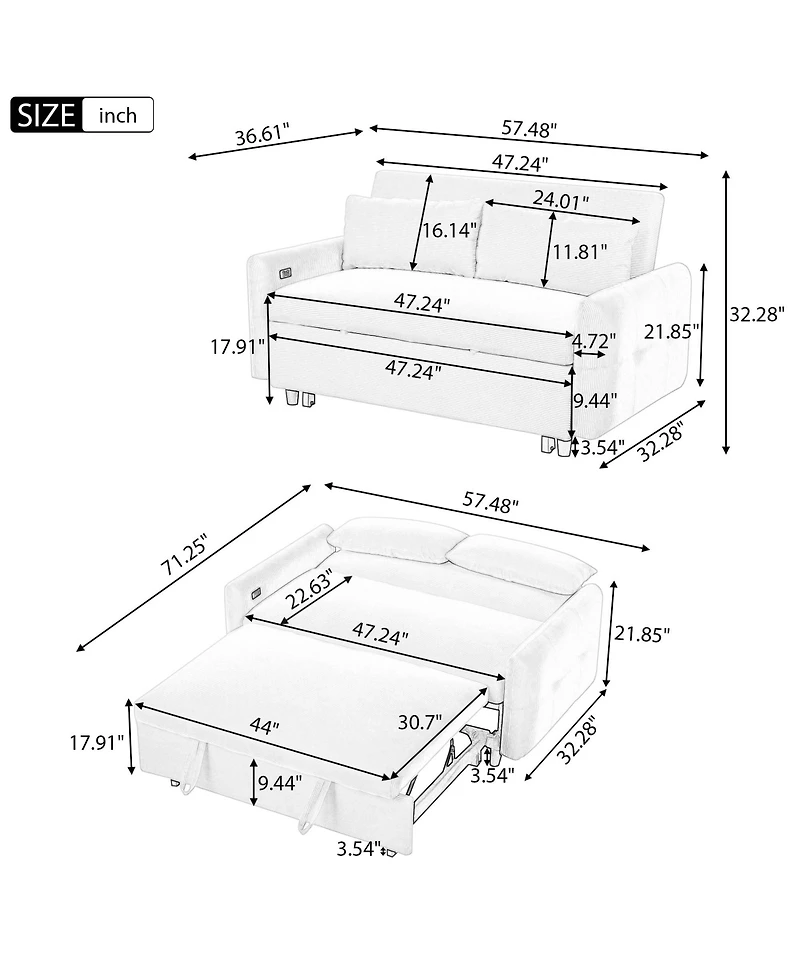 Clihome 52.8" Loveseat Sofa Pull-out Sofa Bed Tufted Sleeper Sofa with an Adjustable Backrest, Three Usb Ports and Two Lumbar Pillows for Living