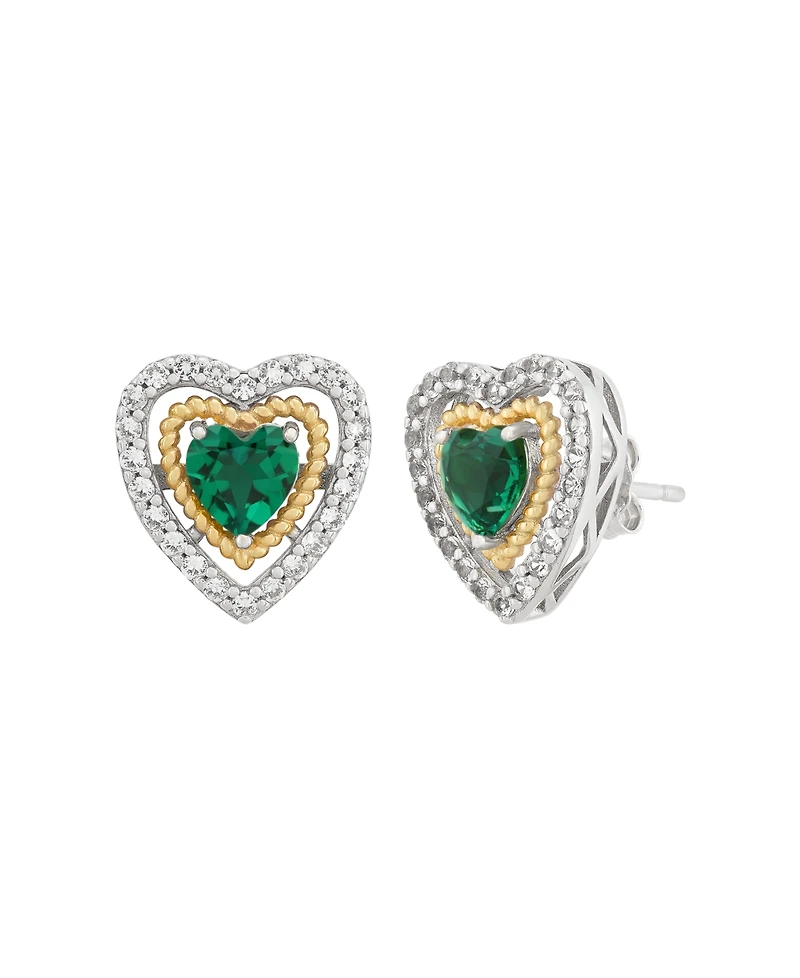 Macy's 3-Piece Created Emerald (1-1/2 ct. t.w.) and White Topaz (5/8 ct. t.w.) Heart Pendant Necklace and Stud Earrings Set in 14k Sterling Silver