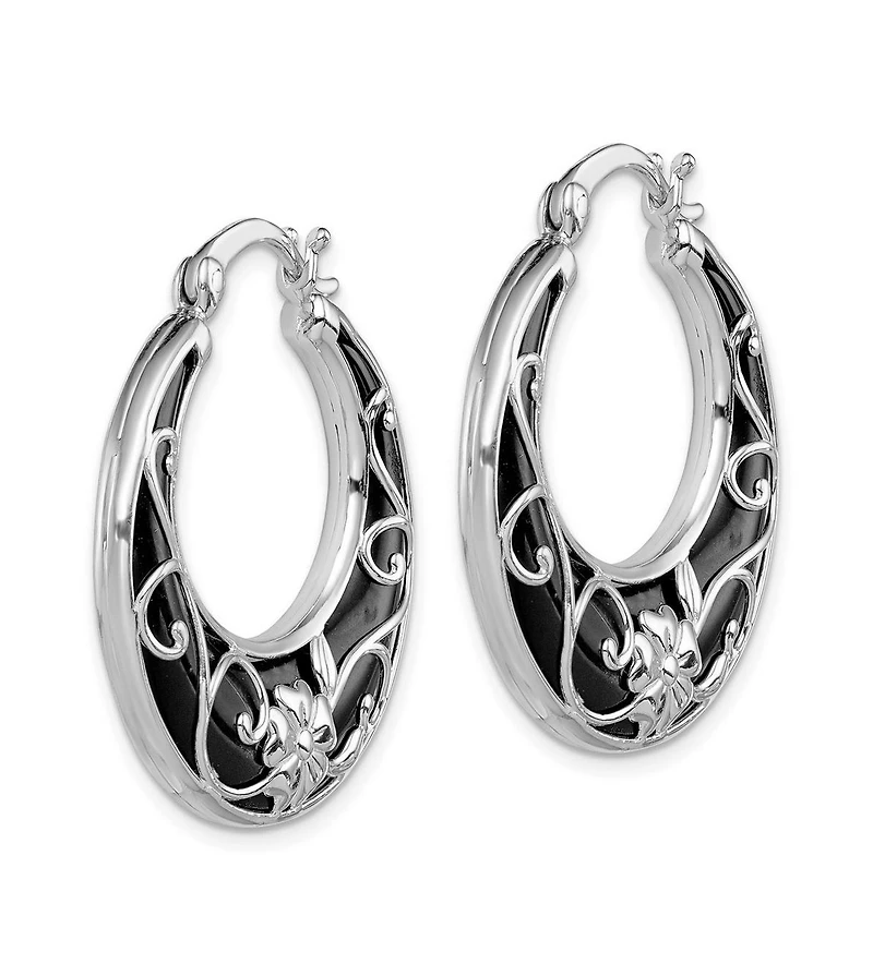 Curata Jewelry Sterling Silver Rhodium-Plated Black Onyx Filigree Boho Hoop Earrings