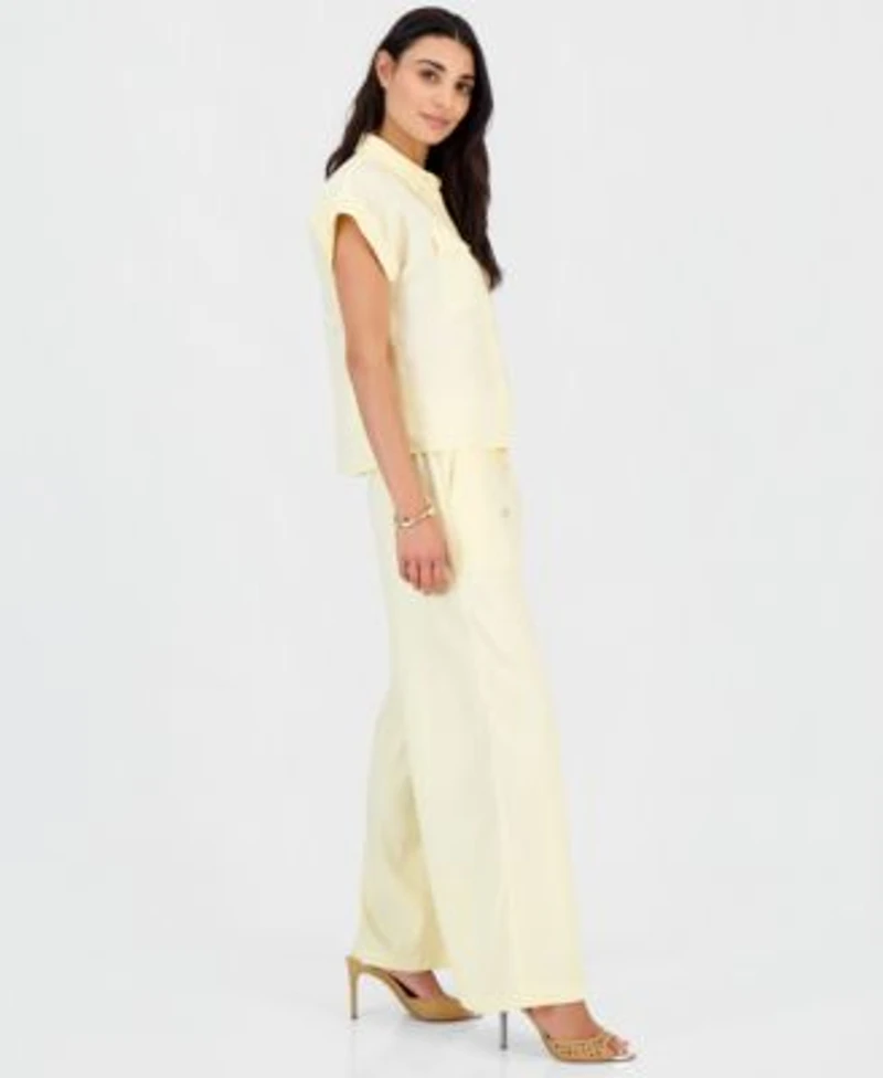 I.N.C. International Concepts Petite Linen Blend Short Sleeve Button Front Shirt High Rise Wide Leg Pants Macys Exclusive