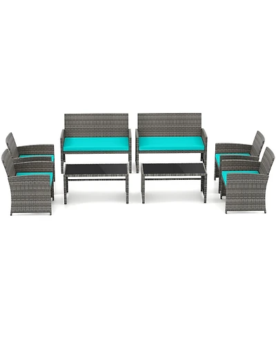 Gymax Set of 8 Patio Conversation Set w/Seat Cushions & Tempered Glass Tabletop Porch