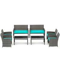 Gymax Set of 8 Patio Conversation Set w/Seat Cushions & Tempered Glass Tabletop Porch