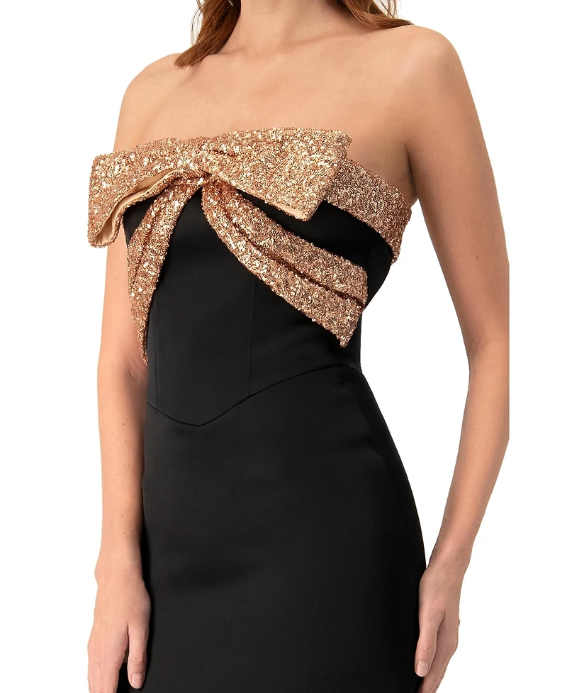 Ivonne Women's Long Strapless Dress with Sequin Bow