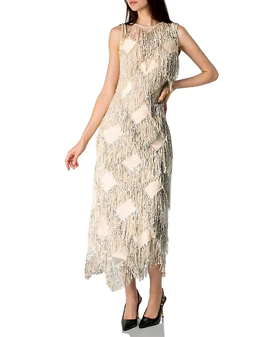 Ivonne Women's Deco Shimmer Fringe Midi Dress