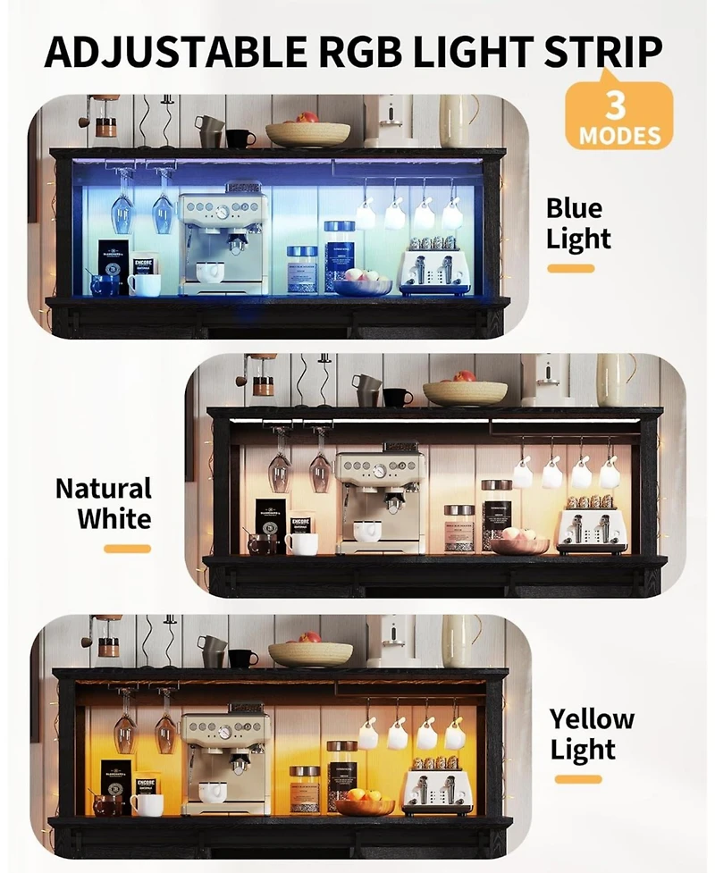 gaomon 55in Coffee Bar Cabinet Power Outlet and Led Light Removable 12Bottle Wine Rack Sliding Barn Door Buffet Cabinet