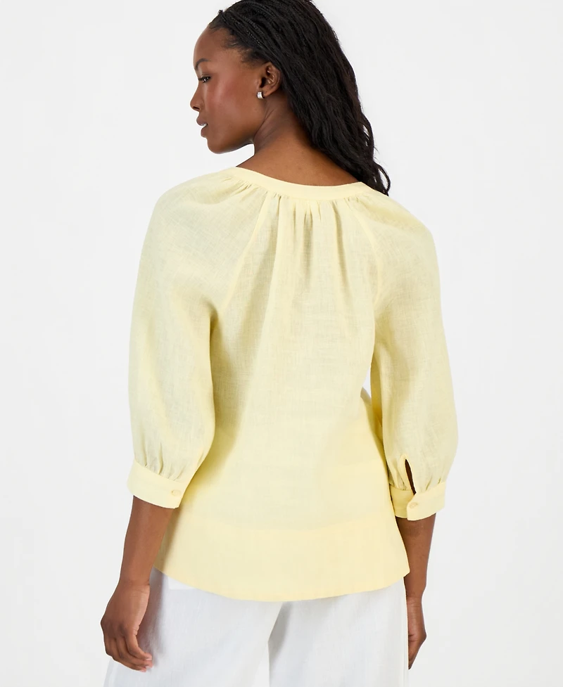 Charter Club Petite 100% Linen Split-Neck 3/4-Sleeve Blouse, Macy's Exclusive